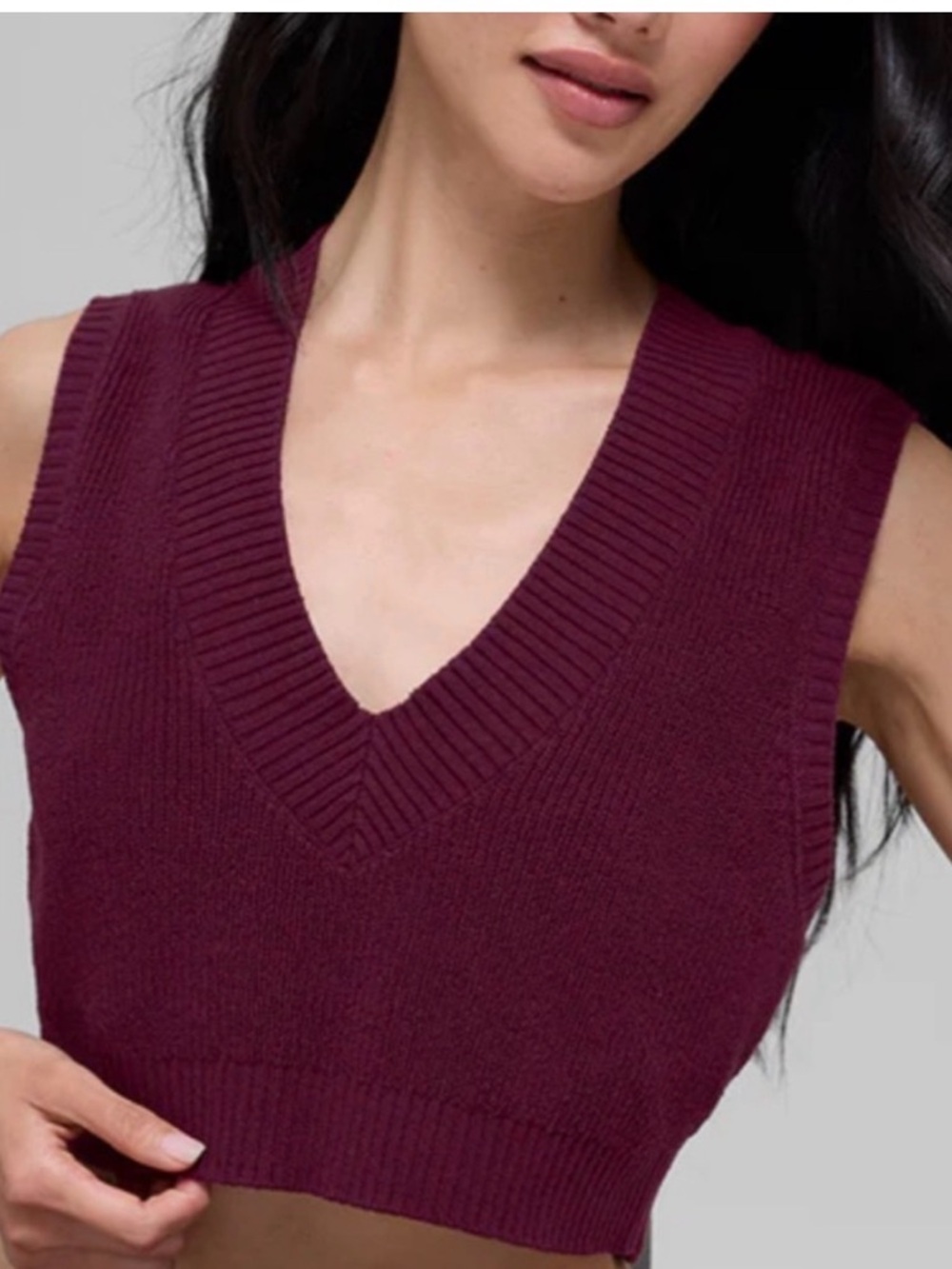 ALO Yoga Sleeveless V-Neck Cropped Sweater Vest in Burgundy